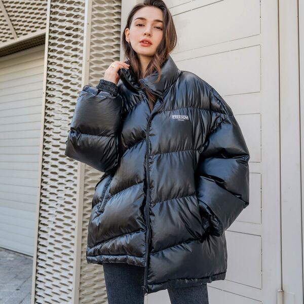 

Zip Up Letter Graphic Puffer Coat, Black