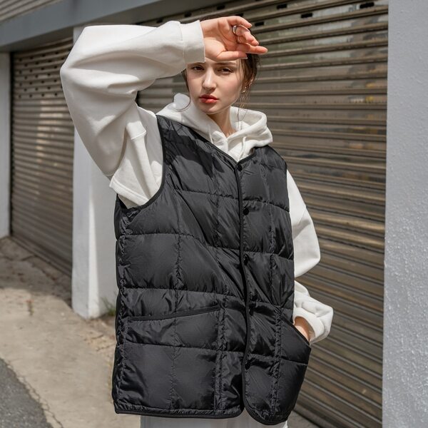 

Snap Button Front Sleeveless Down Coat, Black