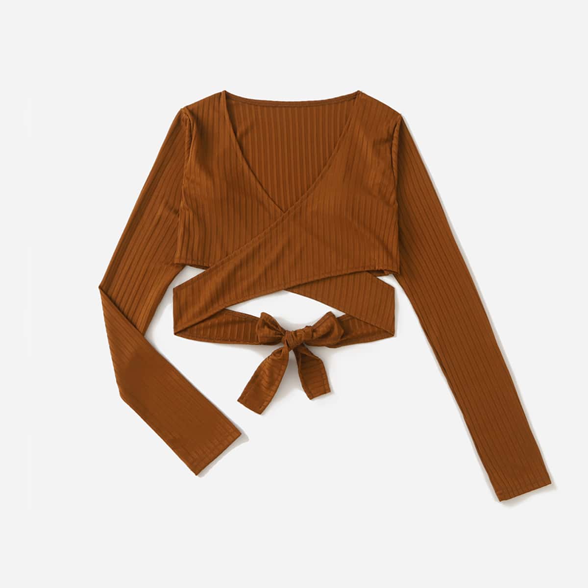 

Solid Wrap Ribbed Crop Top, Coffee brown