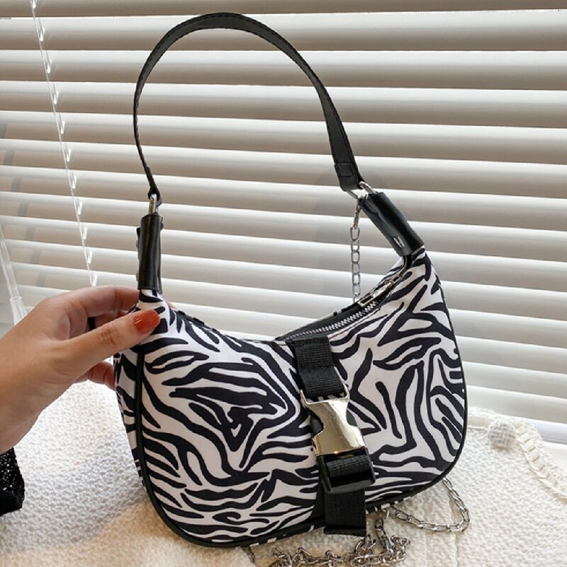 Zebra Striped Graphic Shoulder Bag, Black and white