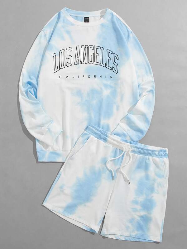 Manfinity VCAY Men Tie Dye Letter Graphic Pullover & Drawstring Waist Shorts