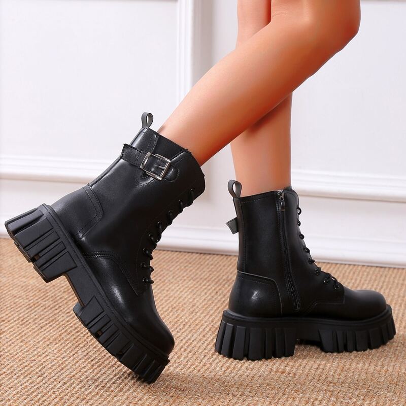 

Side Zip Lace Up Front Combat Boots, Black