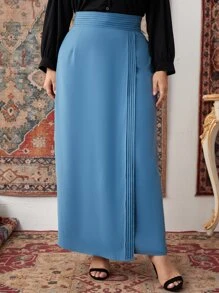 Modelyn Plus High Waist Fold Pleated Skirt - Dusty Blue - View 5