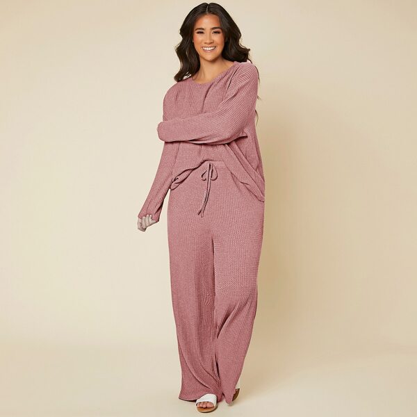 

Plus Solid Drop Shoulder Tee & Pants Set, Dusty pink