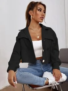 SHEIN PETITE Corduroy Flap Pocket Crop Jacket - Black - View 1