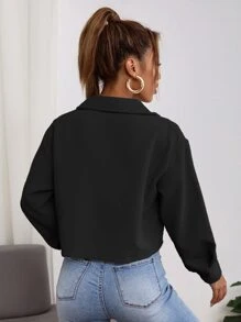 SHEIN PETITE Corduroy Flap Pocket Crop Jacket - Black - View 2
