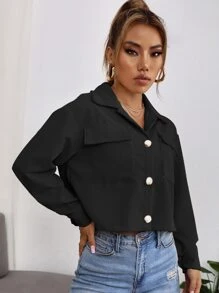SHEIN PETITE Corduroy Flap Pocket Crop Jacket - Black - View 3