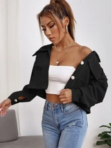 SHEIN PETITE Corduroy Flap Pocket Crop Jacket - Black - View 4