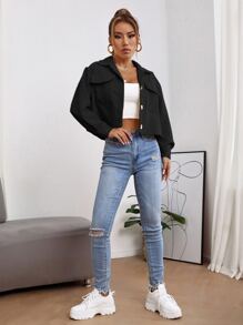 SHEIN PETITE Corduroy Flap Pocket Crop Jacket - Black - View 5