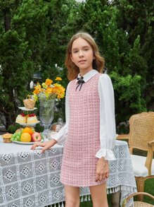 SHEIN Đầm Gái Nơ Bướm Xù Khối Màu Sọc ca rô Ăn mặc đẹp - Màu Hồng baby - Xem 4