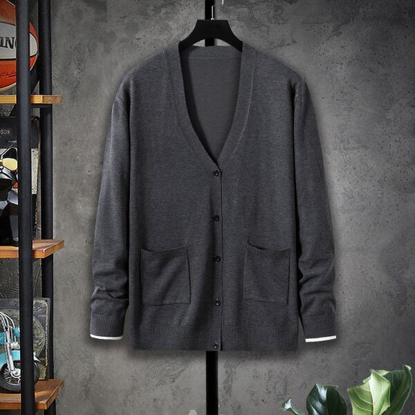 

Men Dual Pocket Contrast Trim Cardigan Without Shirt, Dark grey