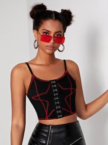 SHEIN Unity Star Print Eye & Hook Crop Cami Top - Black - View 1