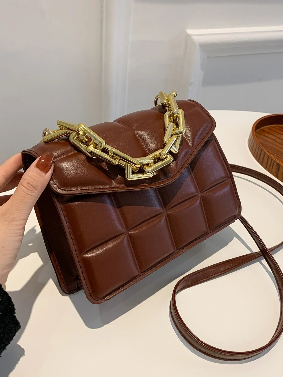 Bolso cartera con cadena unicolor en relieve - Café integral - Ver 1