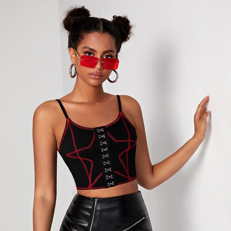 

Star Print Eye & Hook Crop Cami Top, Black