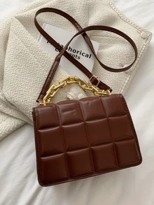 Bolso cartera con cadena unicolor en relieve - Café integral - Ver 2