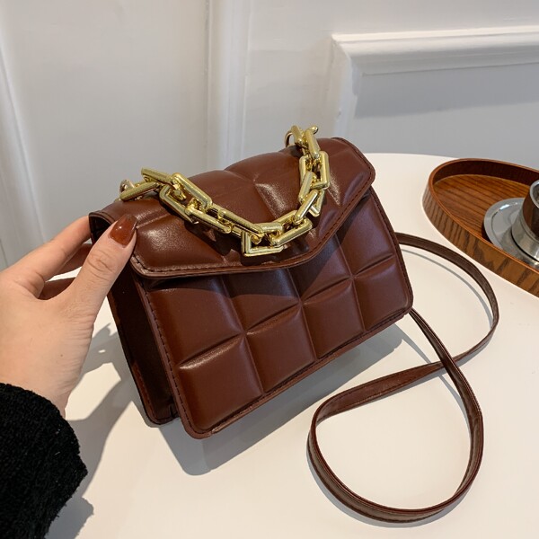 

Solid Embossed Chain Satchel Bag, Coffee brown
