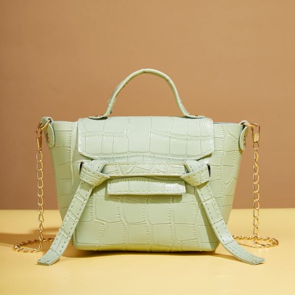

Croc Embossed Flap Satchel Bag, Green