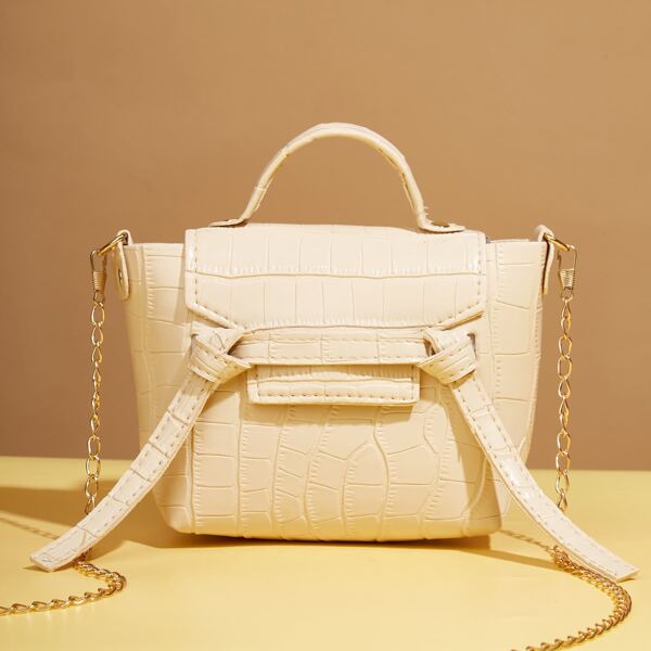 

Croc Embossed Flap Satchel Bag, Beige