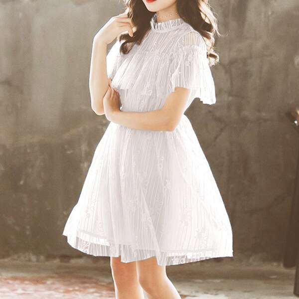 

Girls Ruffle Overlay Lace Dress, White