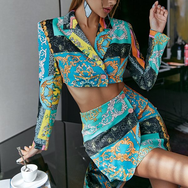 

Baroque Print Color Block Single Button Crop Blazer & Wrap Skirt, Multicolor