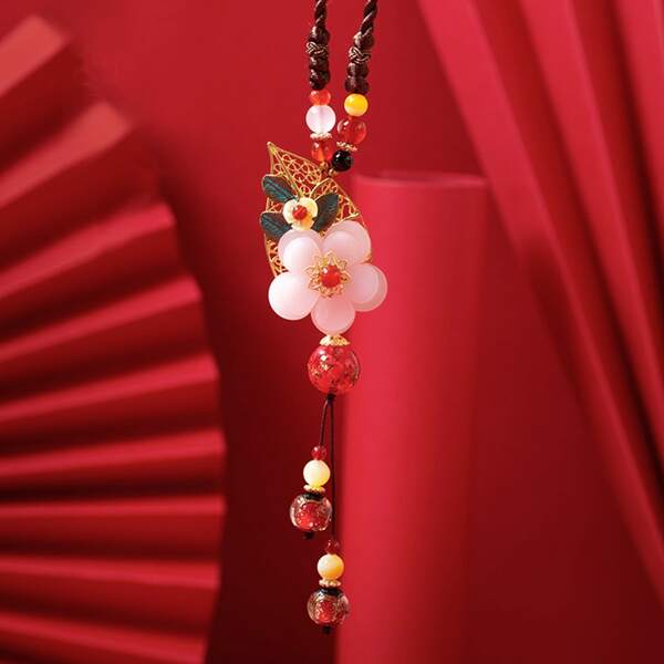 Stone Flower Charm Necklace, Pink