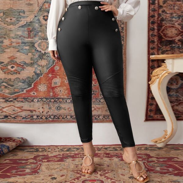 

Plus High Waist Button Detail Skinny Pants, Black