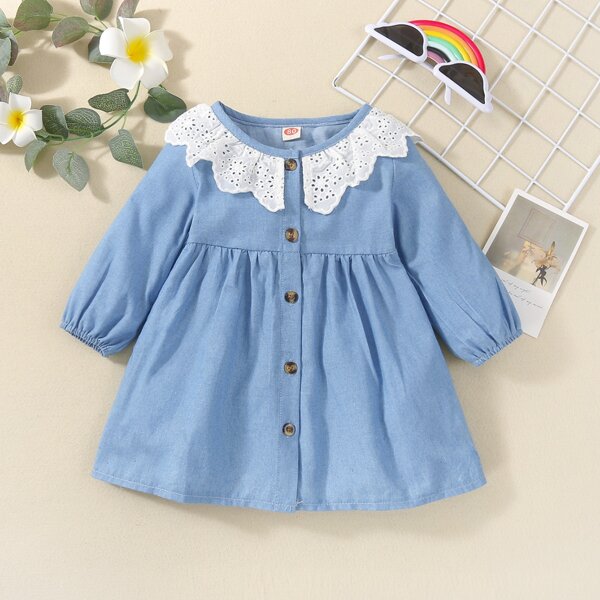 

Baby Eyelet Embroidery Button Front A-line Dress, Blue