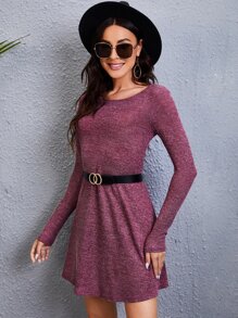 SHEIN Vestido manga larga tejido de canalé sin cinturón - Burdeos - Ver 4