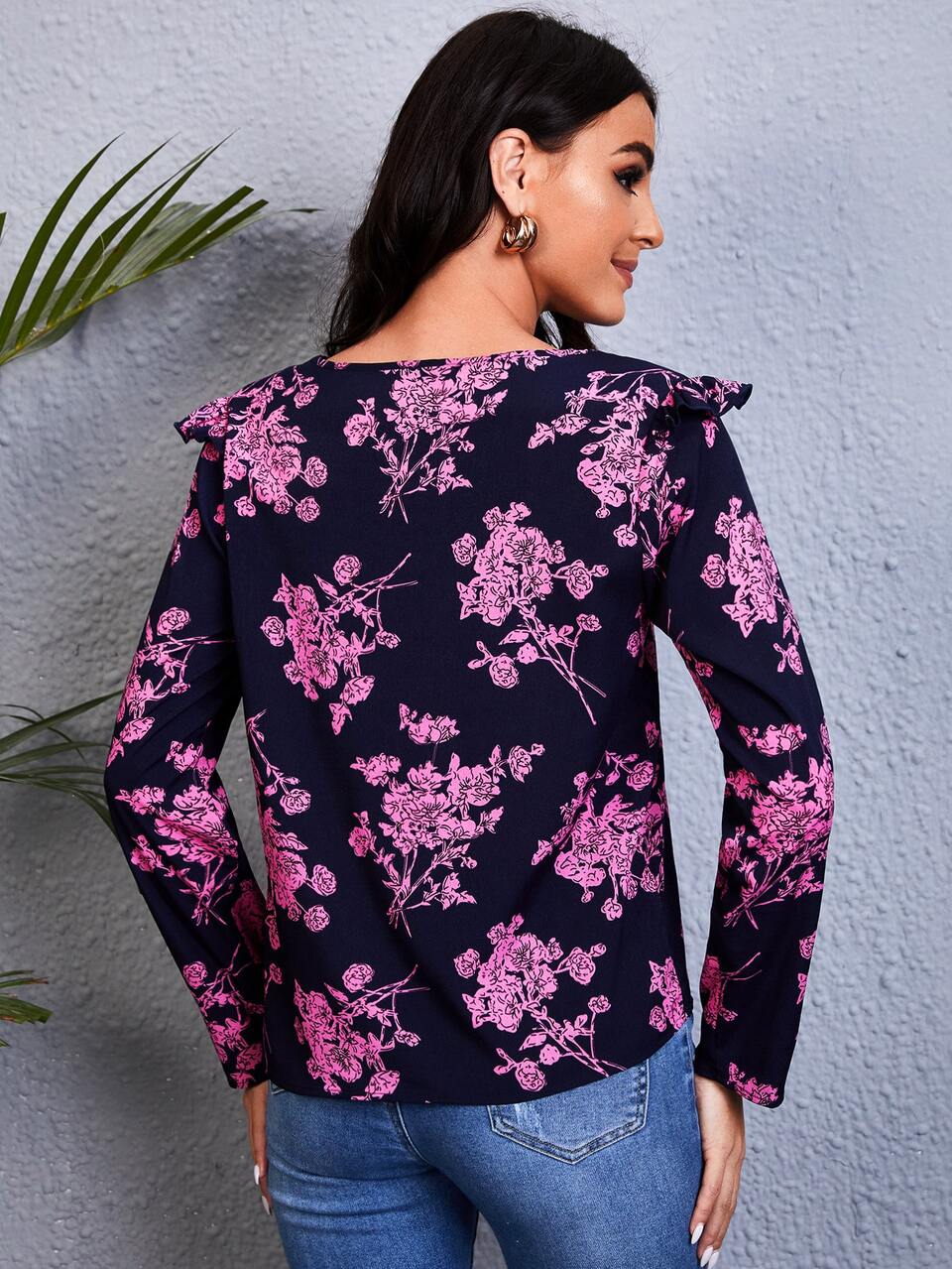 Floral Print Ruffle Detail Cross Wrap Blouse