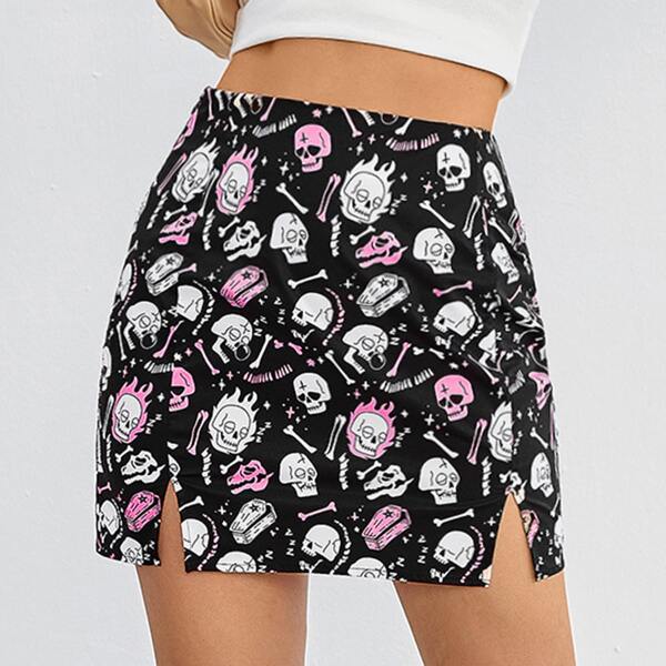 

High Waist Fire & Skull Print Split Hem Skirt, Black