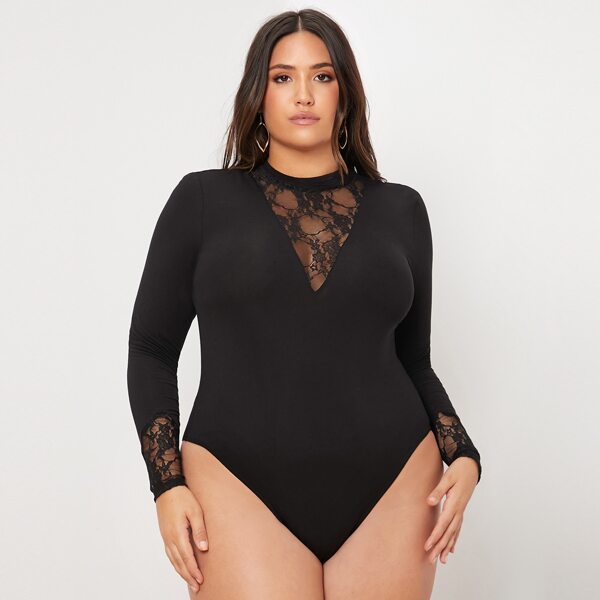 

Plus Contrast Lace Mock Neck Slim Fit Bodysuit, Black