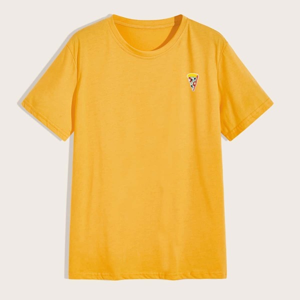 Men Pizza Embroidery Crew Neck Tee, Yellow