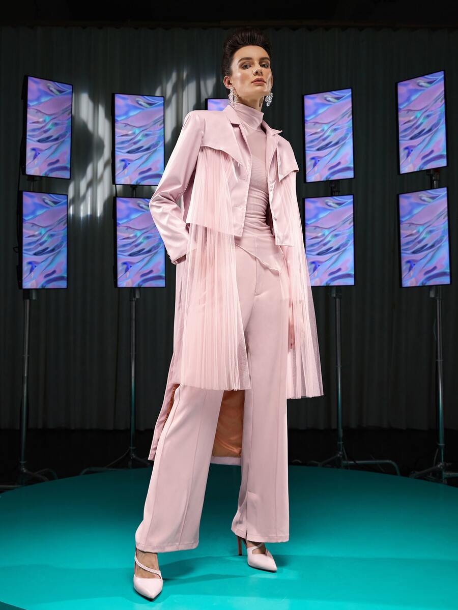 Isabelle WANG Áo khoác ngoài nữ Tương phản Mesh Ruy băng màu trơn Hấp dẫn - Màu Hồng baby - Xem 1