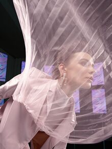 Isabelle WANG Áo khoác ngoài nữ Tương phản Mesh Ruy băng màu trơn Hấp dẫn - Màu Hồng baby - Xem 3