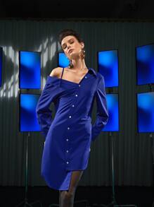 Flaws Of Couture Asymmetrical Neck And Hem Single Breasted Dress - Royal Blue - View 4