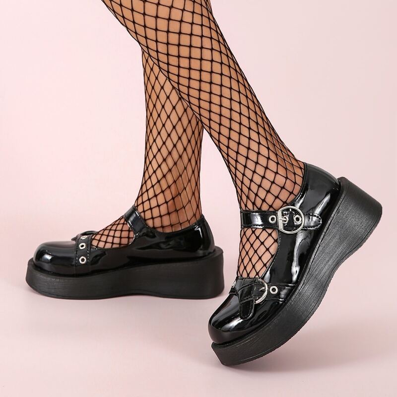 

Buckle Decor Platform Mary Janes, Black