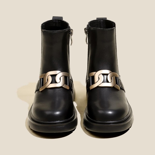 

Girls Metal Decor Side Zipper Boots, Black