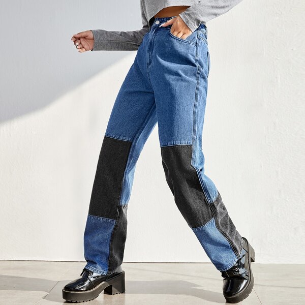 

High Waist Patchwork Jeans, Multicolor