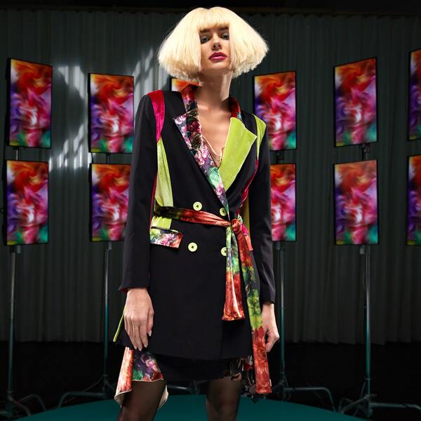 

Floral Print Color Block Double Breasted Belted Blazer, Multicolor