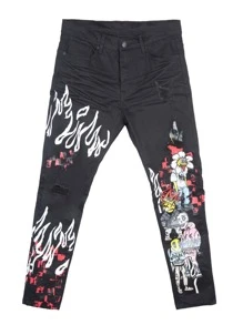 ROMWE MEN Hombres Jeans fuego & con estampado de cráneo - Negro - Ver 1
