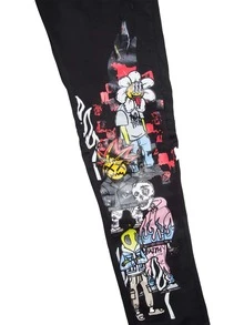 ROMWE MEN Hombres Jeans fuego & con estampado de cráneo - Negro - Ver 3