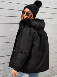 抽绳腰部派克大衣填充外套 - 黑色 - 查看 2