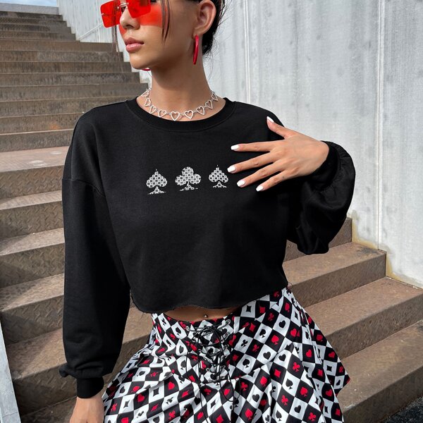 

Drop Shoulder Graphic Pattern Crop Sweatshirt, Black