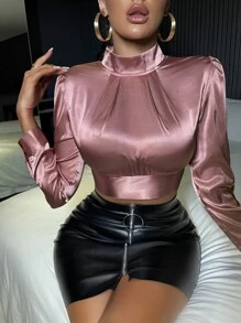 Blusa de espalda abierta con cordón de cuello alto corto de satén - Rosa vieja - Ver 1