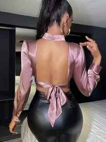 Blusa de espalda abierta con cordón de cuello alto corto de satén - Rosa vieja - Ver 2