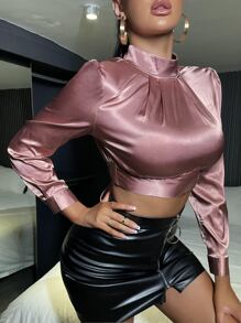 Blusa de espalda abierta con cordón de cuello alto corto de satén - Rosa vieja - Ver 4