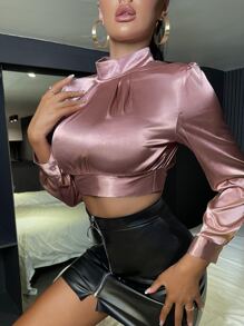 Blusa de espalda abierta con cordón de cuello alto corto de satén - Rosa vieja - Ver 5