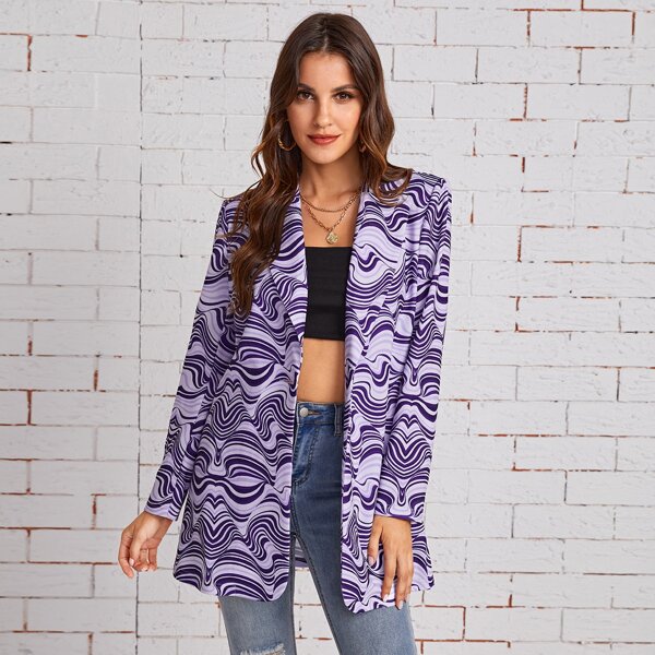 

Lapel Neck All Over Print Single Button Blazer, Purple