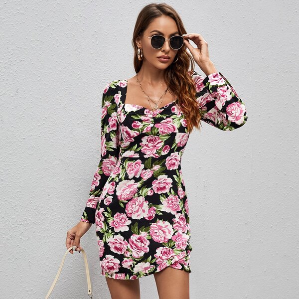 

Floral Print Sweetheart Neck Wrap Detail Dress, Multicolor