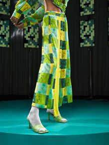 OSHEN Asymmetrical Hem Patchwork Print Wide Leg Trousers - Multicolor - View 5